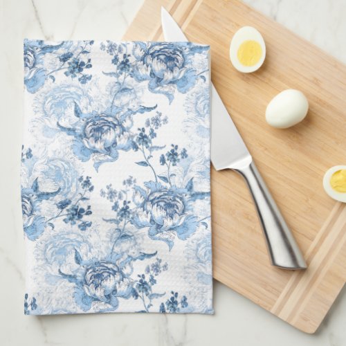 Elegant Blue and White Engraved Peonies Kitchen Towel