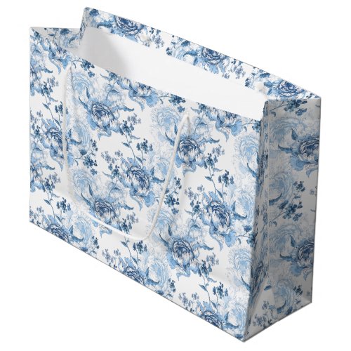 Elegant Blue and White Engraved Peonies Large Gift Bag