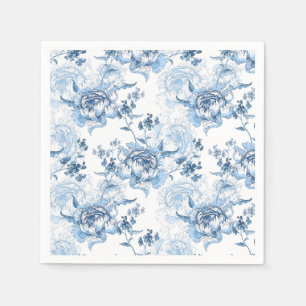 Elegant Blue and White Engraved Peonies Napkins