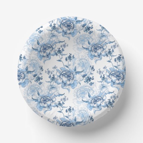 Elegant Blue and White Engraved Peonies Paper Bowls