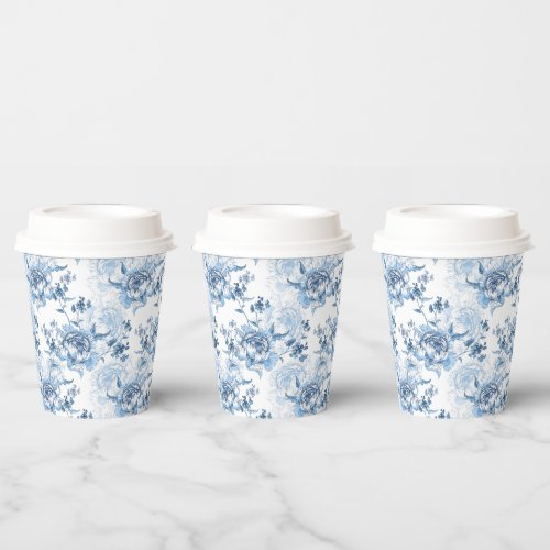 Elegant Blue and White Engraved Peonies Paper Cups