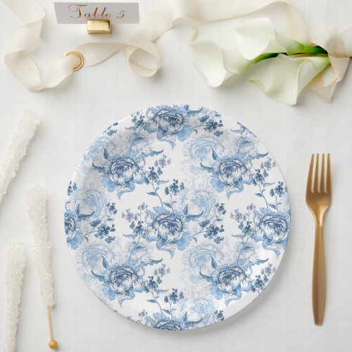 Elegant Blue and White Engraved Peonies Paper Plates