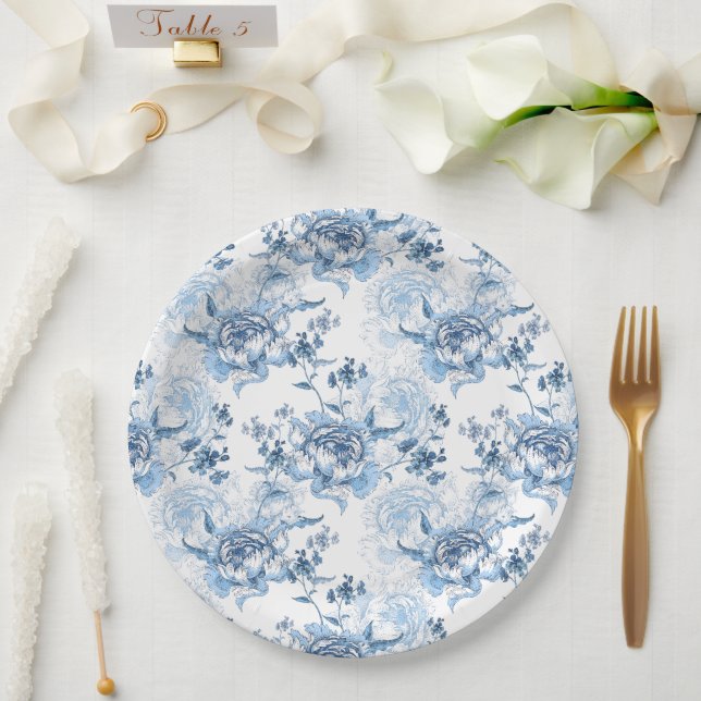 Elegant Blue and White Engraved Peonies Paper Plates (Wedding)