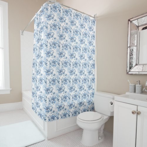 Elegant Blue and White Engraved Peonies Shower Curtain