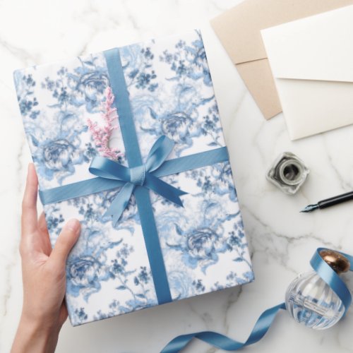 Elegant Blue and White Engraved Peonies Wrapping Paper