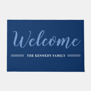 Elegant Blue And White Family Name Welcome Doormat