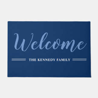Elegant Blue And White Family Name Welcome Doormat