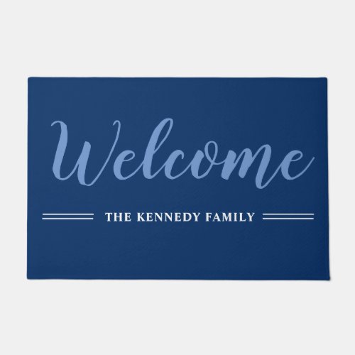 Elegant Blue And White Family Name Welcome    Doormat