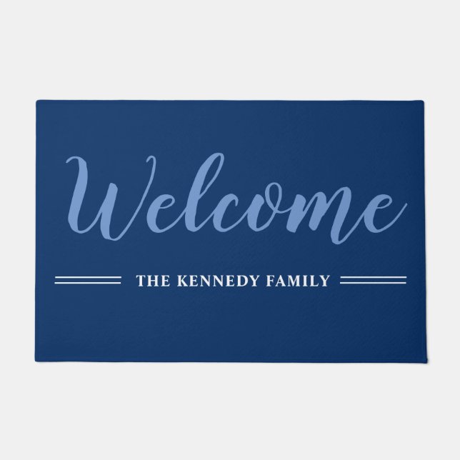 Elegant Blue And White Family Name Welcome    Doormat (Front)