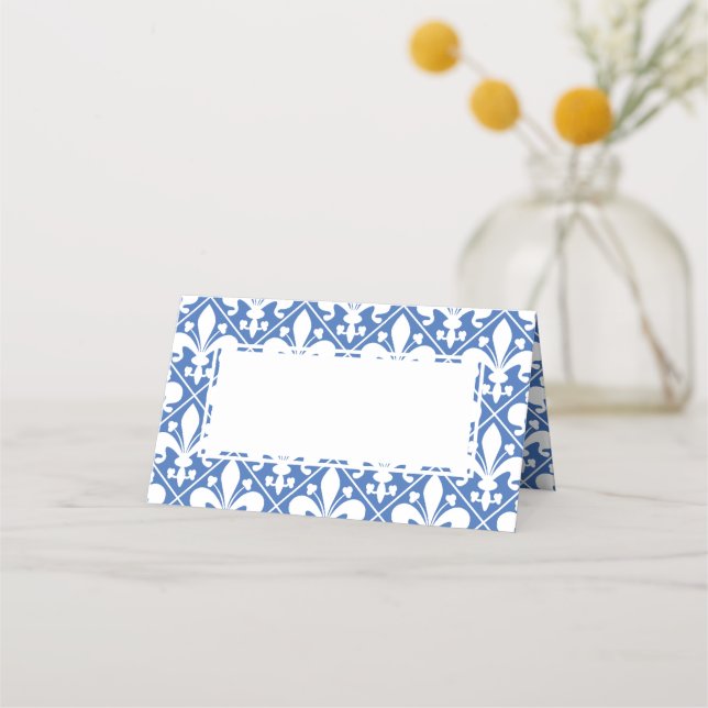 Elegant Blue and White Fleur de Lys Dinner Table Place Card (Front)