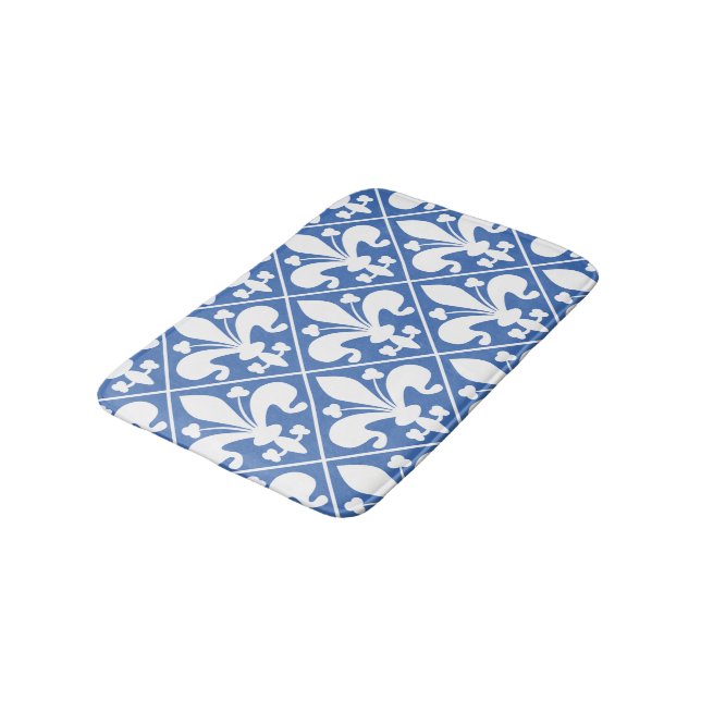 Elegant Blue and White Fleur de Lys French Bathroom Mat (Angled)