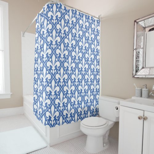 Elegant Blue and White Fleur de Lys French Shower Curtain