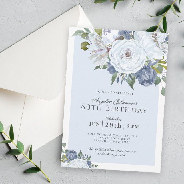 Elegant Blue and White Floral 60th Birthday Party Invitation (Creator Uploaded)
