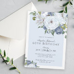 Elegant Blue and White Floral 60th Birthday Party Invitation<br><div class="desc">A beautifully elegant 60th birthday party invitation in popular blue and white with lovely watercolor floral bouquets spread over opposite corners of the design. An elegant type face pairing uses a coordinating a combination of script and serif. A light blue color inset frames your text and accents the invitation's color...</div>
