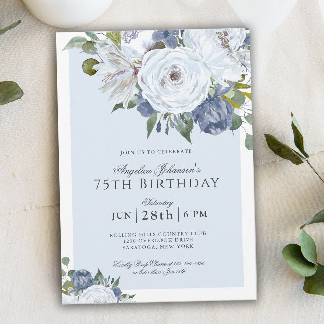 Elegant Blue and White Floral 75th Birthday Party Invitation