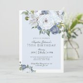 Elegant Blue and White Floral 75th Birthday Party Invitation (Standing Front)