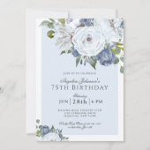 Elegant Blue and White Floral 75th Birthday Party Invitation (Front)