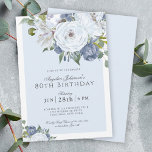 Elegant Blue and White Floral 80th Birthday Party Invitation<br><div class="desc">A beautifully elegant 80th birthday party invitation in blue and white with lovely watercolor floral bouquets spread over opposite corners of the design. An elegant type face pairing uses a coordinating a combination of script and serif. A light blue color inset frames your text and accents the invitation's color scheme....</div>
