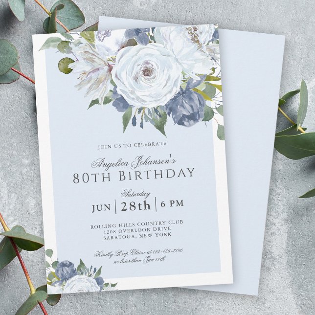 Elegant Blue and White Floral 80th Birthday Party Invitation (Creator Uploaded)