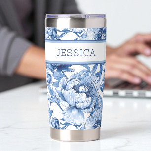 Elegant Blue and White Floral Botanical Pattern Insulated Tumbler