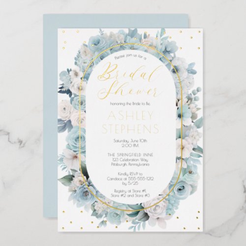 Elegant Blue and White Floral Bridal Shower  Foil Invitation