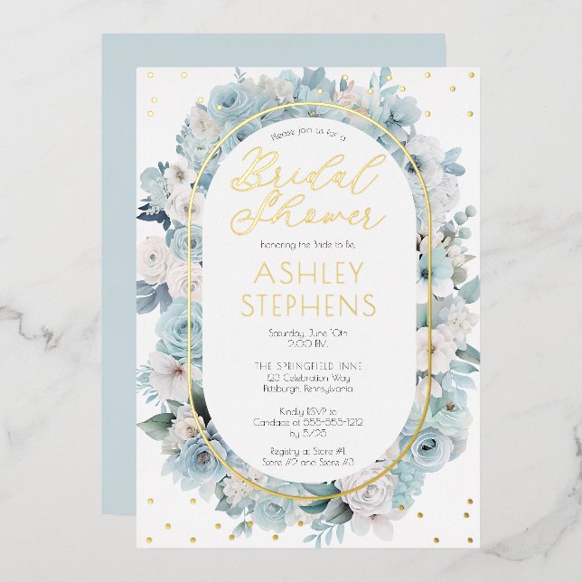 Elegant Blue and White Floral Bridal Shower  Foil Invitation (Front/Back)