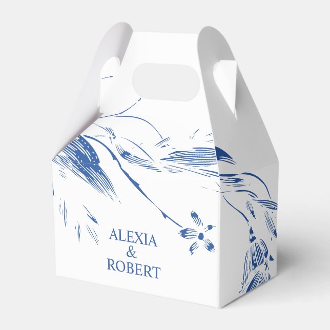 Elegant blue and white floral garland wedding favor boxes (Front Side)