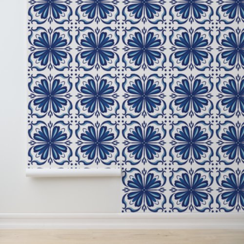 Elegant Blue and White Floral Mediterranean Tile  Wallpaper