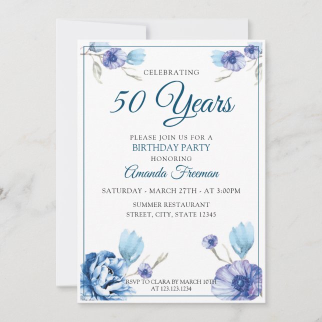 Elegant Blue and White Floral Mother Birthday Invitation (Front)