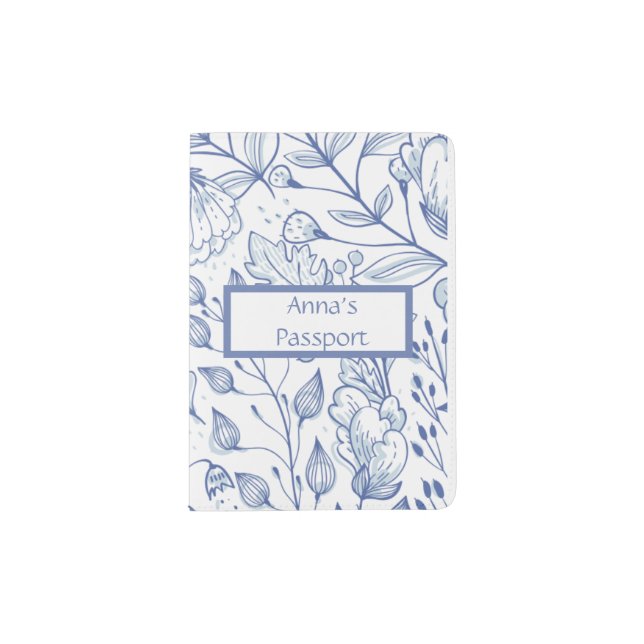 Elegant Blue and White Floral  Passport Holder (Front)