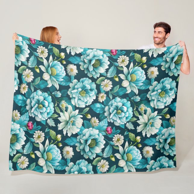 Elegant Blue and White Floral Pattern Fleece Blank Blanket (In Situ)