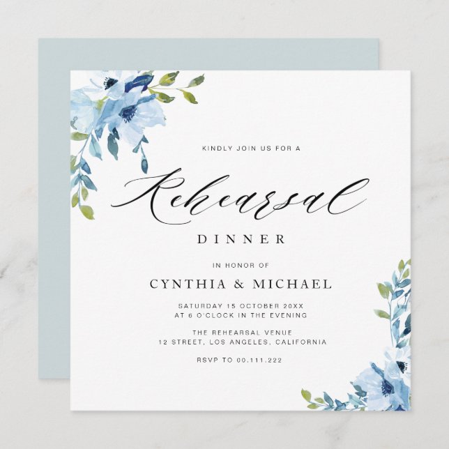 elegant blue and white floral rehearsal dinner  invitation (Front/Back)