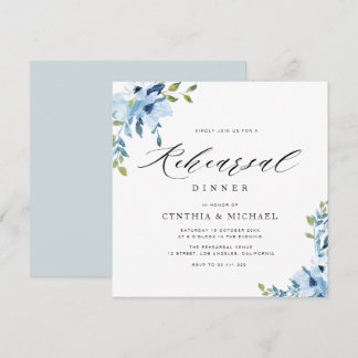 elegant blue and white floral rehearsal dinner invitation