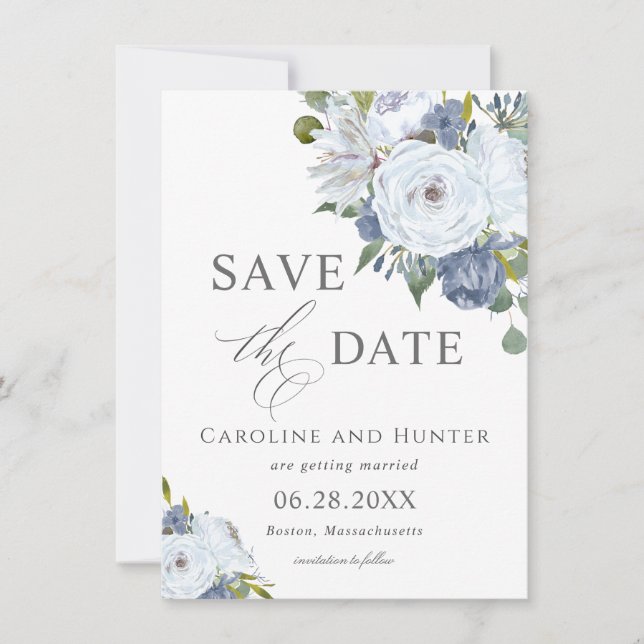 Elegant Blue and White Floral Save the Date (Front)
