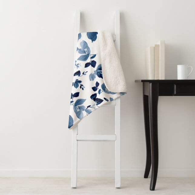 Elegant Blue and White Floral Sherpa Blanket (In Situ)