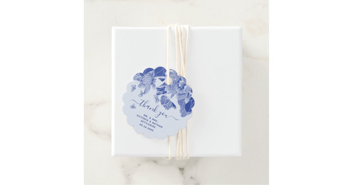 Elegant Blue and White Floral Thank You Message Favor Tags | Zazzle
