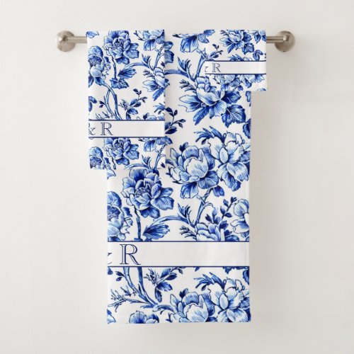 Elegant Blue and White Floral Toile Monogram Bath Towel Set