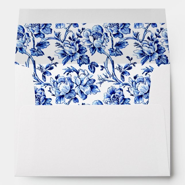 Elegant Blue and White Floral Toile Wedding Envelope (Back (Bottom))