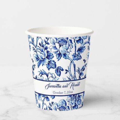 Elegant Blue and White Floral Toile Wedding Paper Cups