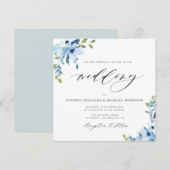elegant blue and white floral wedding invitation (Front/Back)