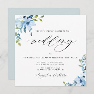 elegant blue and white floral wedding invitation