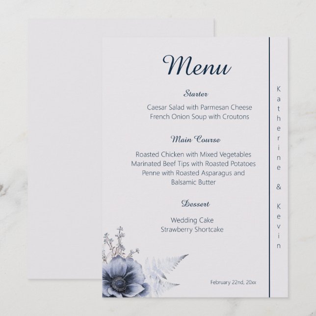 Elegant  Blue and White Floral Wedding  Menu (Front/Back)