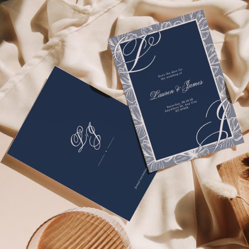 Elegant Blue and White Floral Wedding Monogram Save The Date