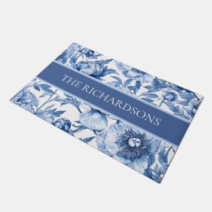 Elegant Blue and White Flowers Floral Pattern Doormat