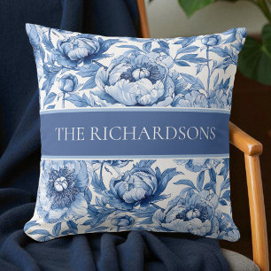Elegant Blue and White Flowers Floral Pattern Throw Pillow