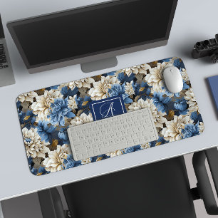 Elegant Blue and White Flowers Luxury Desk Mat