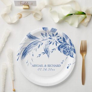 Elegant blue and white flowers wedding paper plates