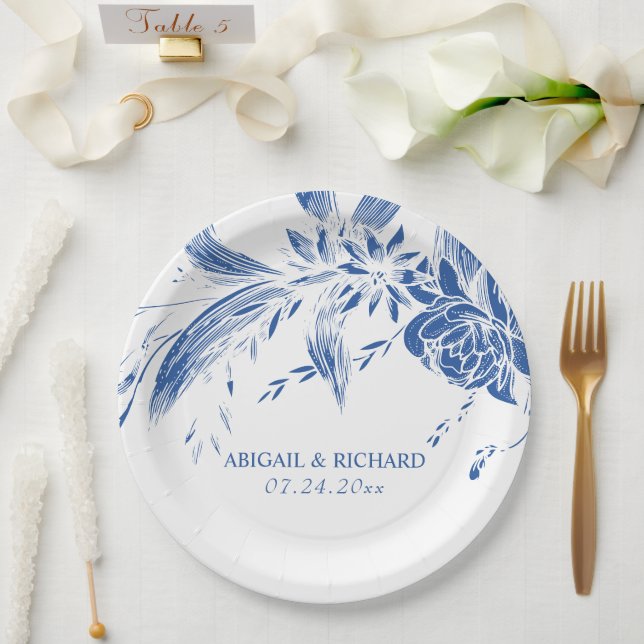Elegant blue and white flowers wedding paper plates (Wedding)