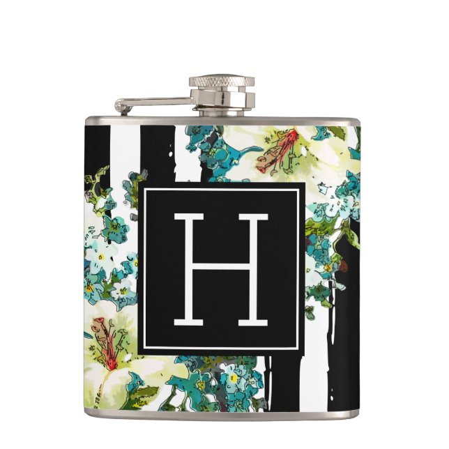 Elegant Blue and White Flowers with Monogram Flask (Front)