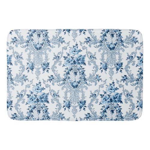 Elegant Blue and White French Rococo Floral Bath Mat